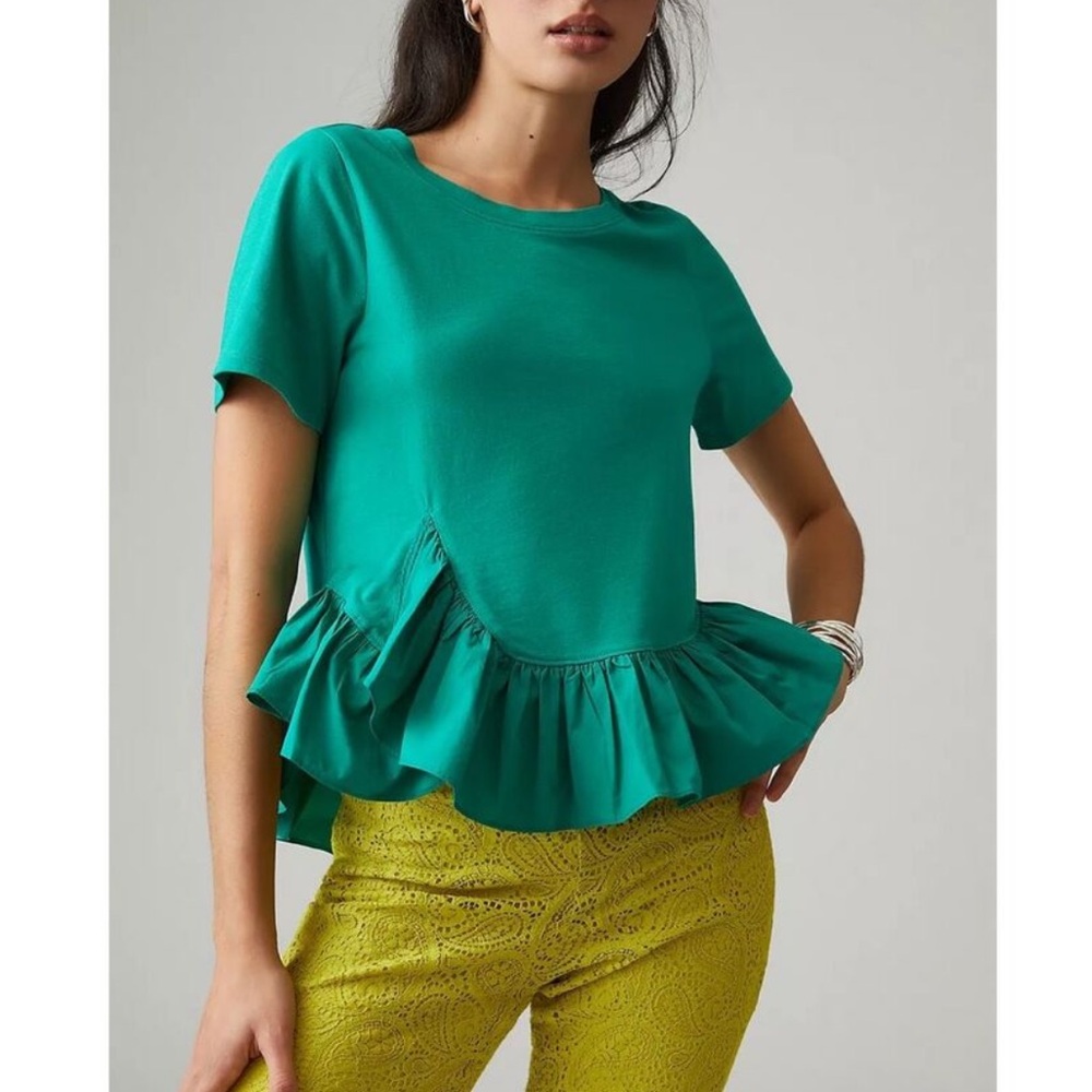 Maeve Anthropologie Green Peplum Top Ruffle Hem Short Sleeve Blouse size S